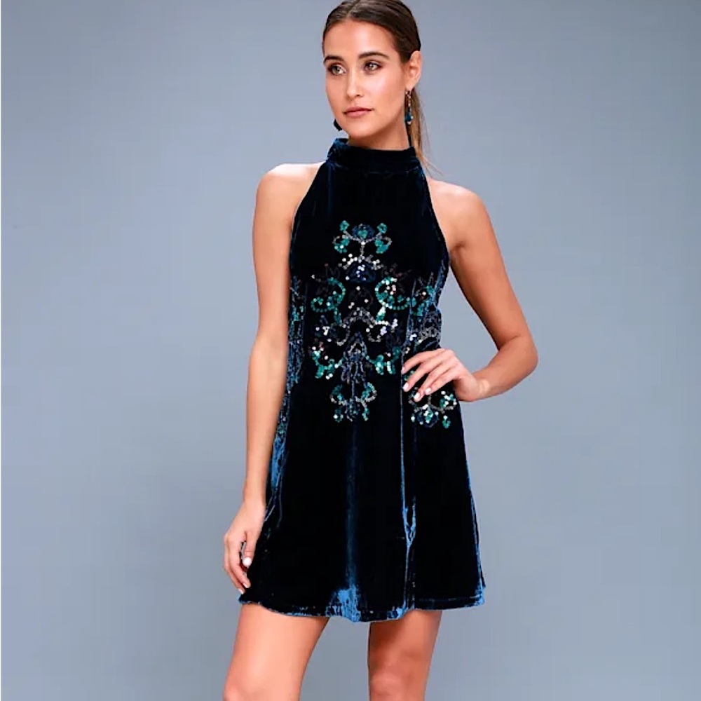 Free People Jill Swing Dress NWOT Navy Velvet Sequin Embroidered Gypsy Style